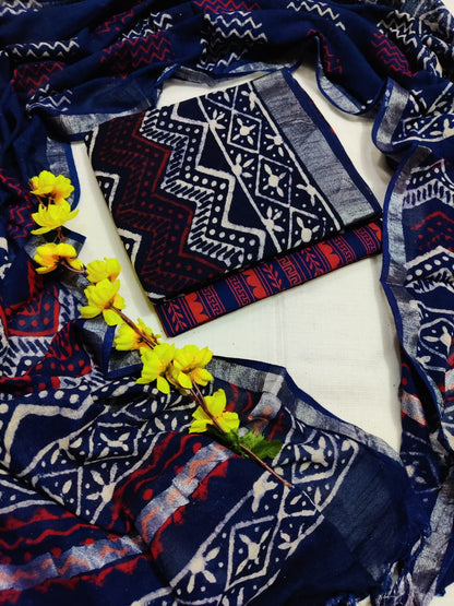 Bagru Hand Block Printed Linen Suits With Zari Border