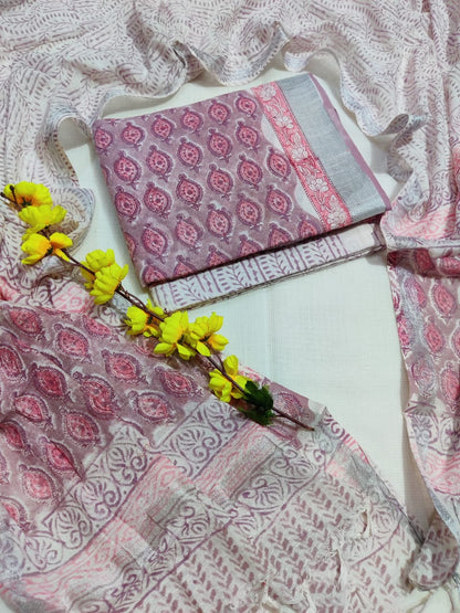 Bagru Hand Block Printed Linen Suits With Zari Border
