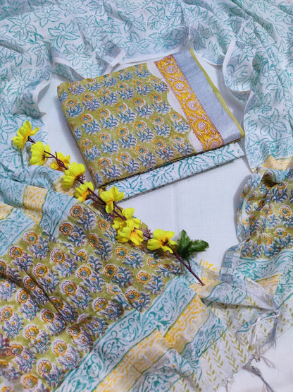 Bagru Hand Block Printed Linen Suits With Zari Border