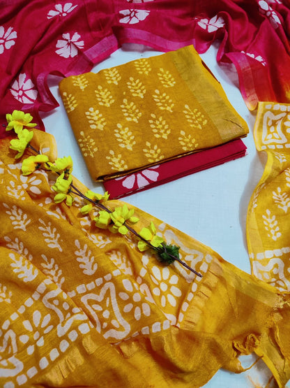 Bagru Hand Block Printed Linen Suits With Zari Border