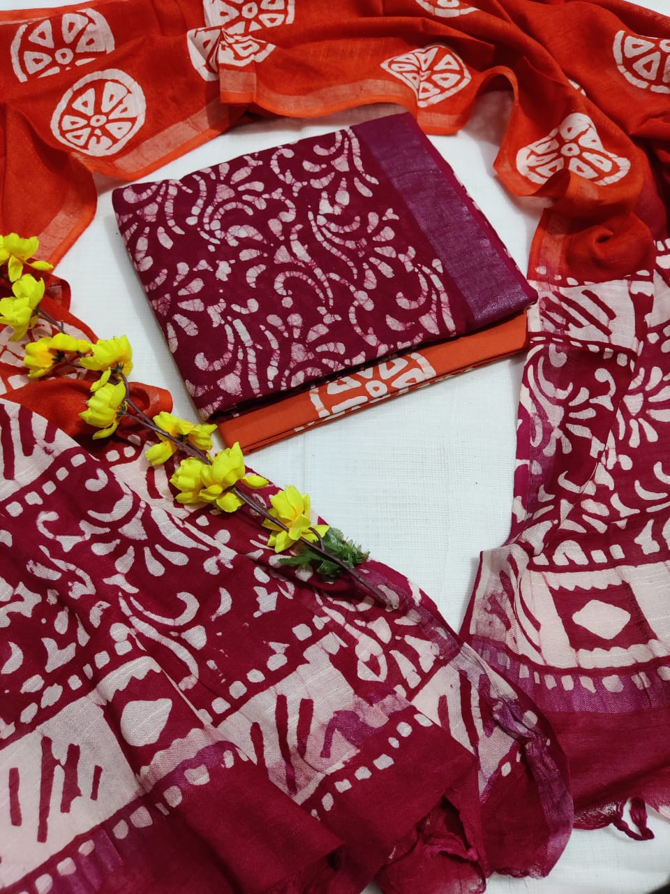 Bagru Hand Block Printed Linen Suits With Zari Border