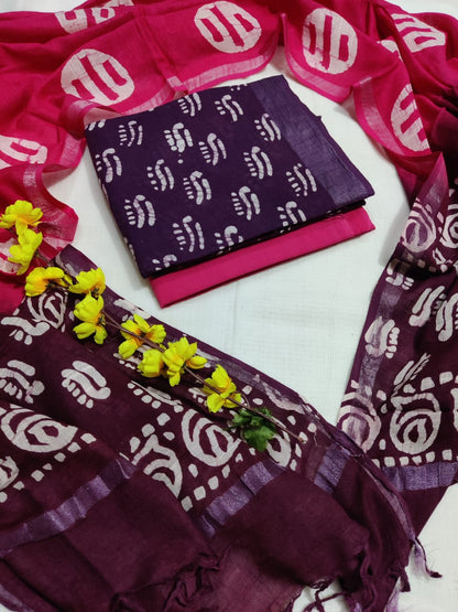 Bagru Hand Block Printed Linen Suits With Zari Border