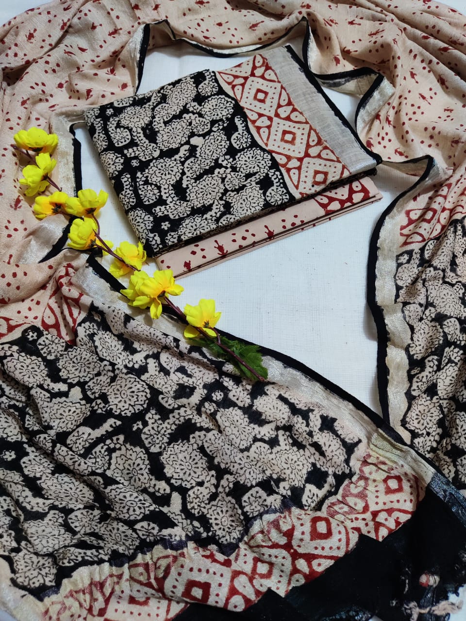 Bagru Hand Block Printed Linen Suits With Zari Border