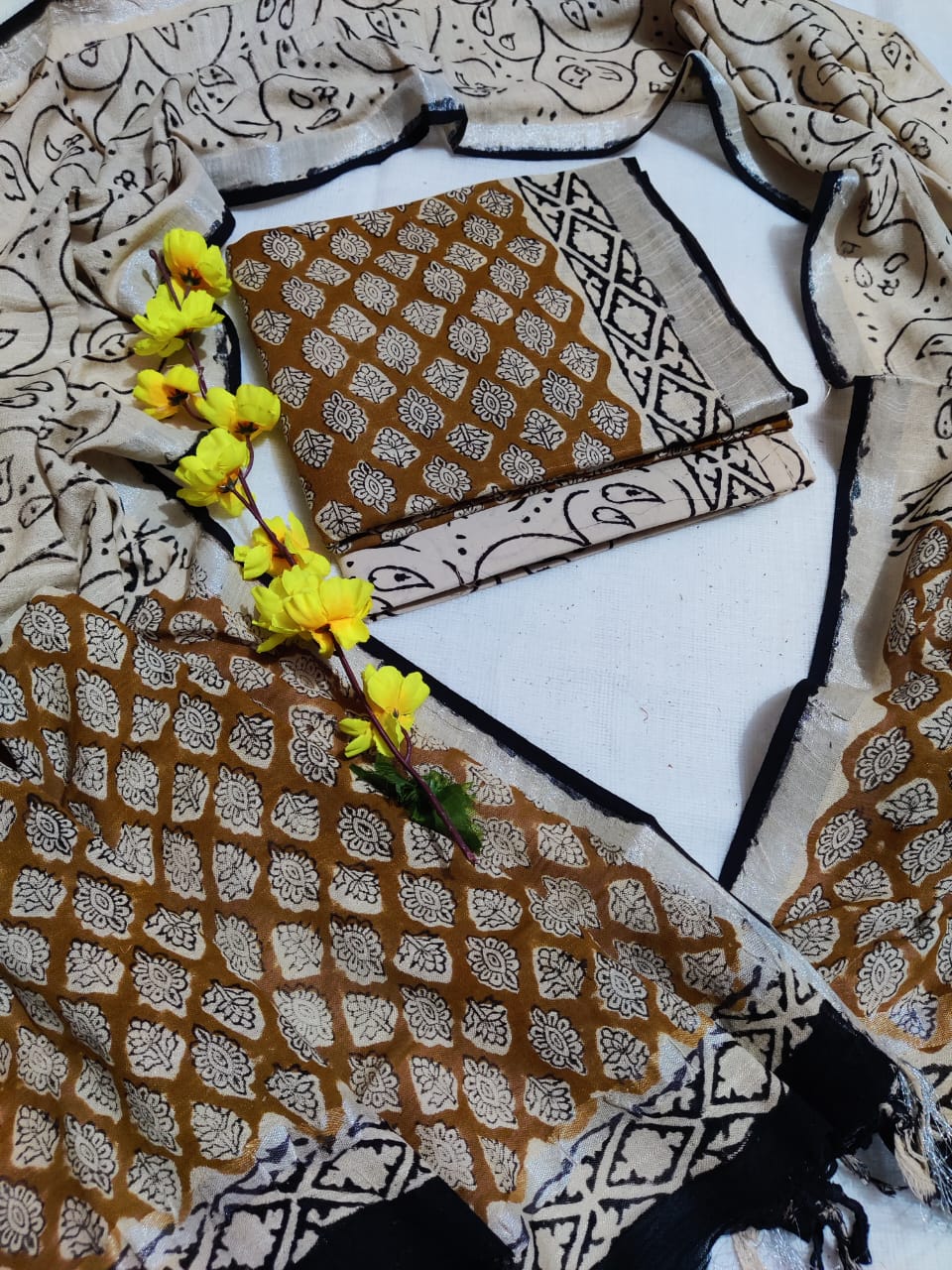 Bagru Hand Block Printed Linen Suits With Zari Border