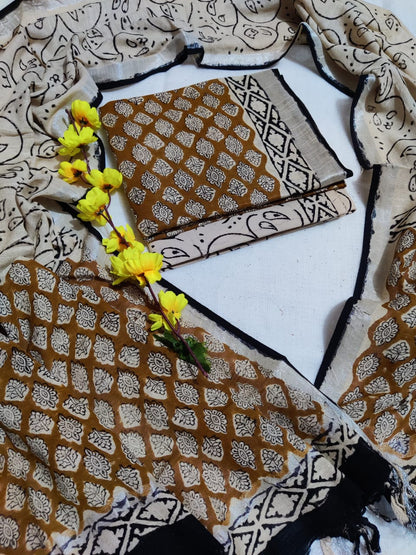 Bagru Hand Block Printed Linen Suits With Zari Border