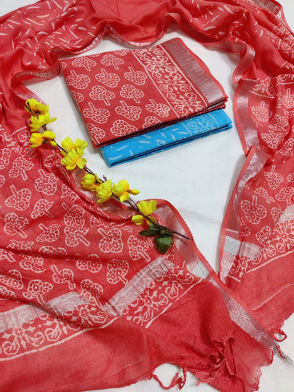 Bagru Hand Block Printed Linen Suits With Zari Border