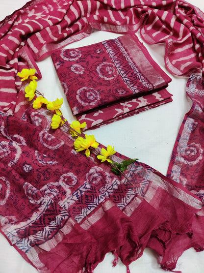 Bagru Hand Block Printed Linen Suits With Zari Border