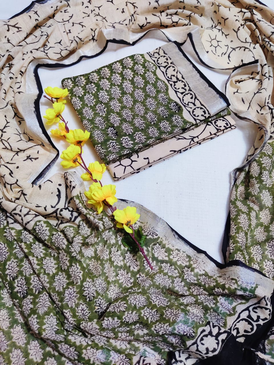 Bagru Hand Block Printed Linen Suits With Zari Border