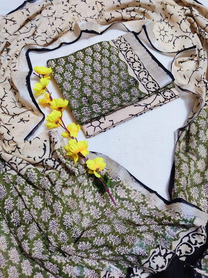 Bagru Hand Block Printed Linen Suits With Zari Border