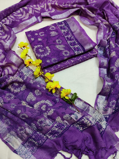 Bagru Hand Block Printed Linen Suits With Zari Border