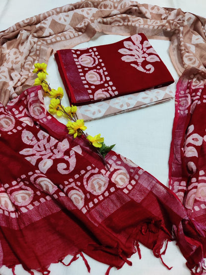 Bagru Hand Block Printed Linen Suits With Zari Border