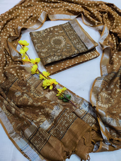 Bagru Hand Block Printed Linen Suits With Zari Border