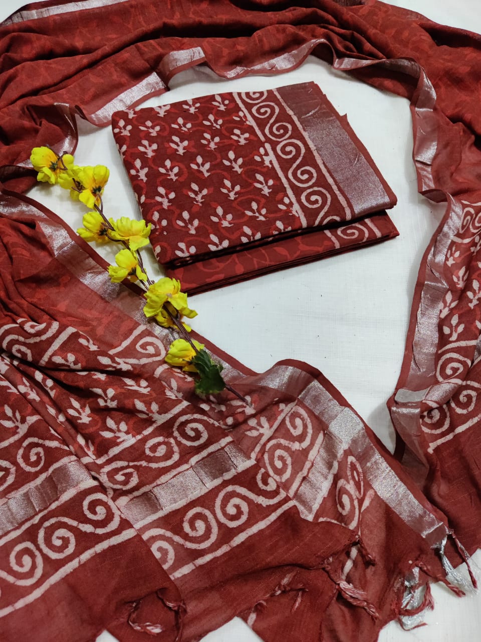 Bagru Hand Block Printed Linen Suits With Zari Border