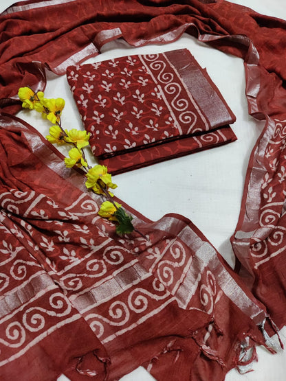 Bagru Hand Block Printed Linen Suits With Zari Border