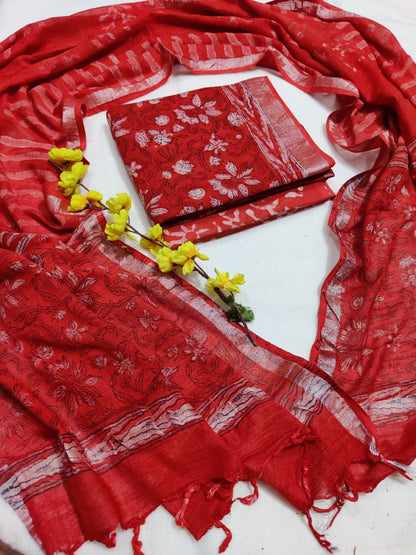 Bagru Hand Block Printed Linen Suits With Zari Border
