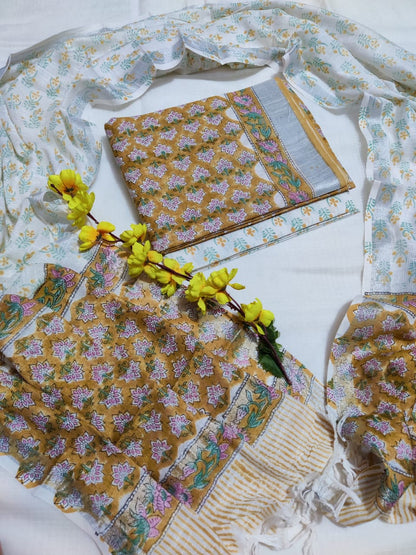 Bagru Hand Block Printed Linen Suits With Zari Border