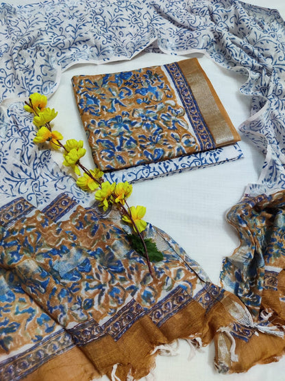 Bagru Hand Block Printed Linen Suits With Zari Border