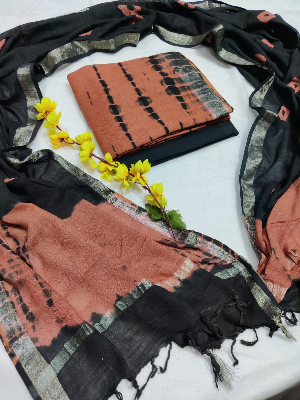 Bagru Hand Block Printed Linen Suits With Zari Border