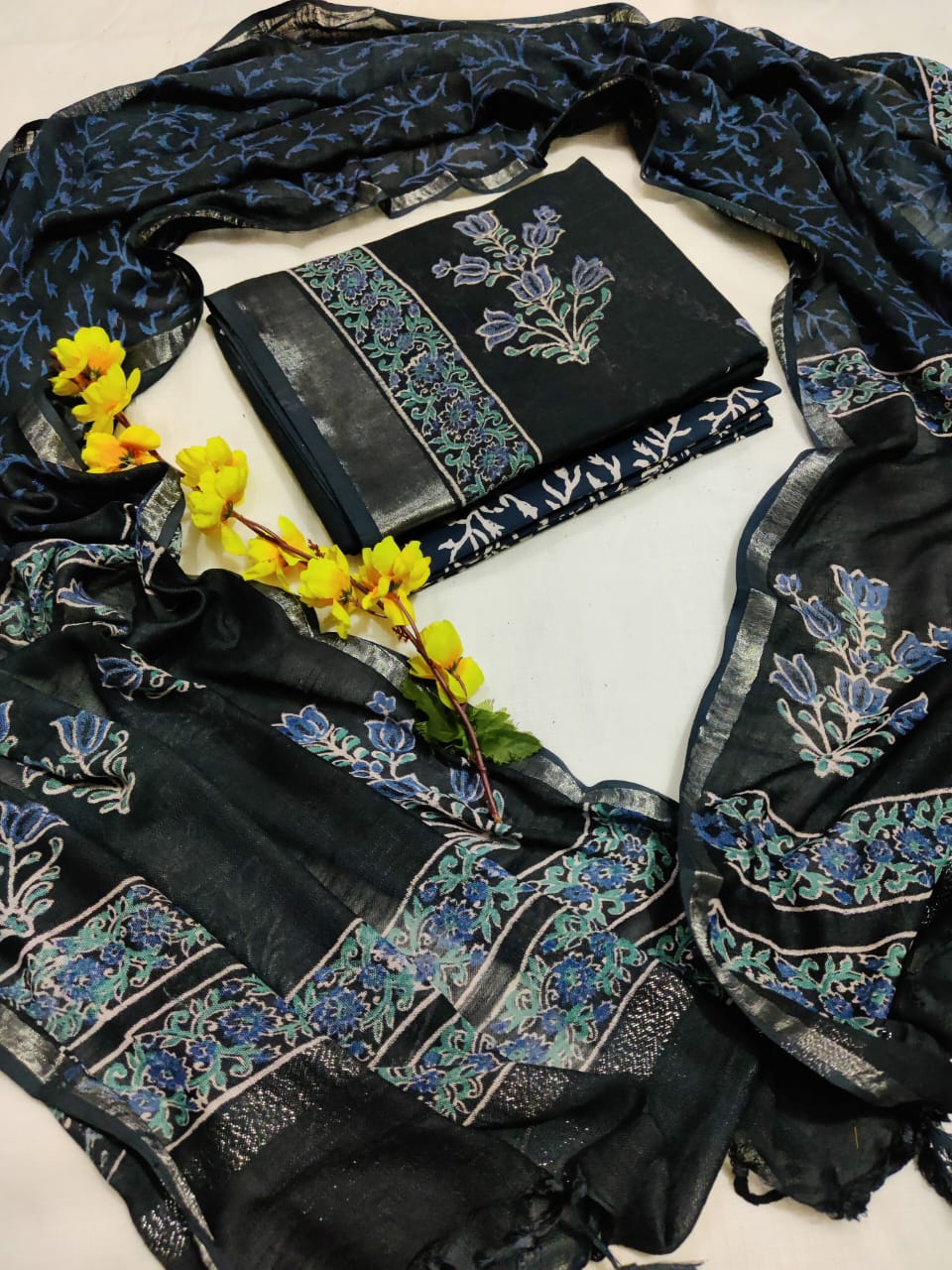Bagru Hand Block Printed Linen Suits With Zari Border