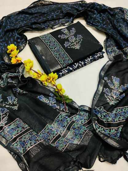 Bagru Hand Block Printed Linen Suits With Zari Border