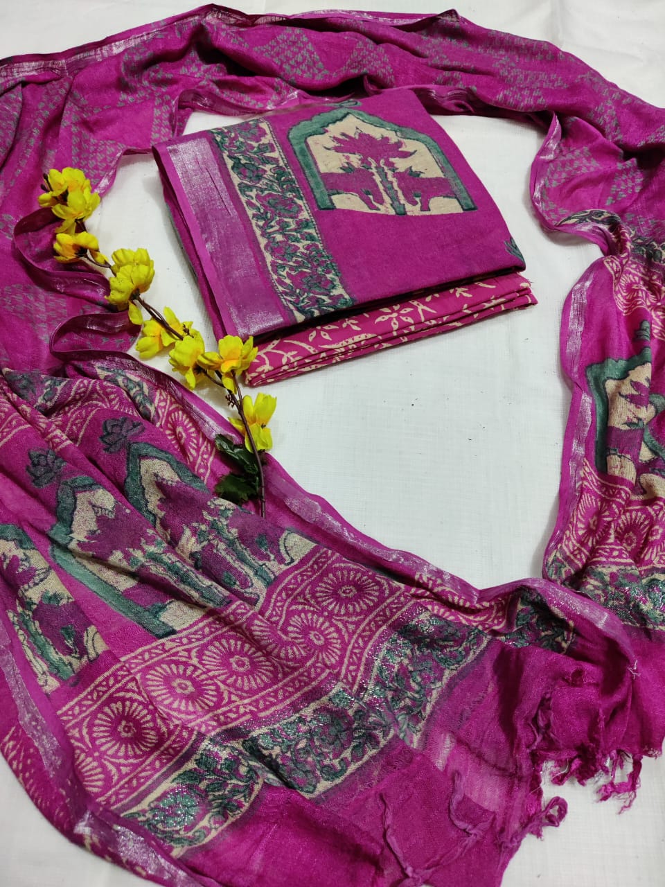 Bagru Hand Block Printed Linen Suits With Zari Border
