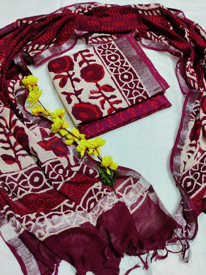 Bagru Hand Block Printed Linen Suits With Zari Border