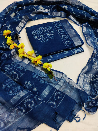 Bagru Hand Block Printed Linen Suits With Zari Border