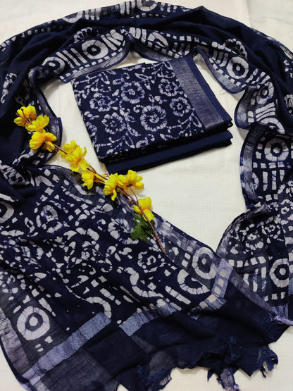 Bagru Hand Block Printed Linen Suits With Zari Border