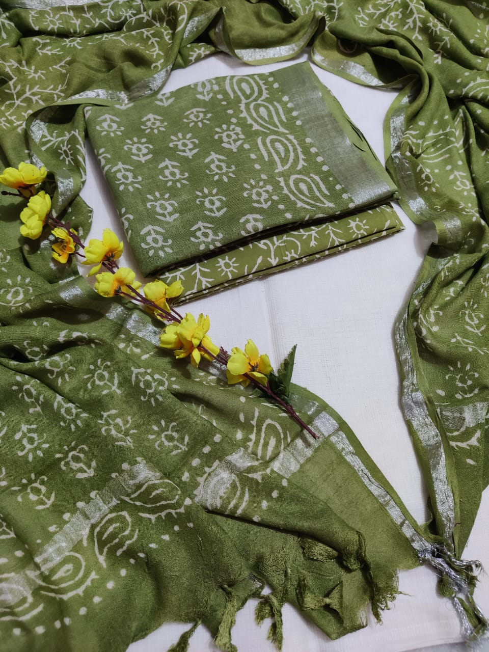 Bagru Hand Block Printed Linen Suits With Zari Border
