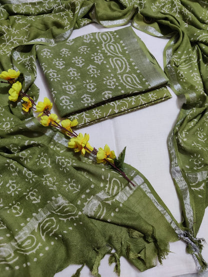 Bagru Hand Block Printed Linen Suits With Zari Border
