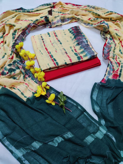 Bagru Hand Block Printed Linen Suits With Zari Border