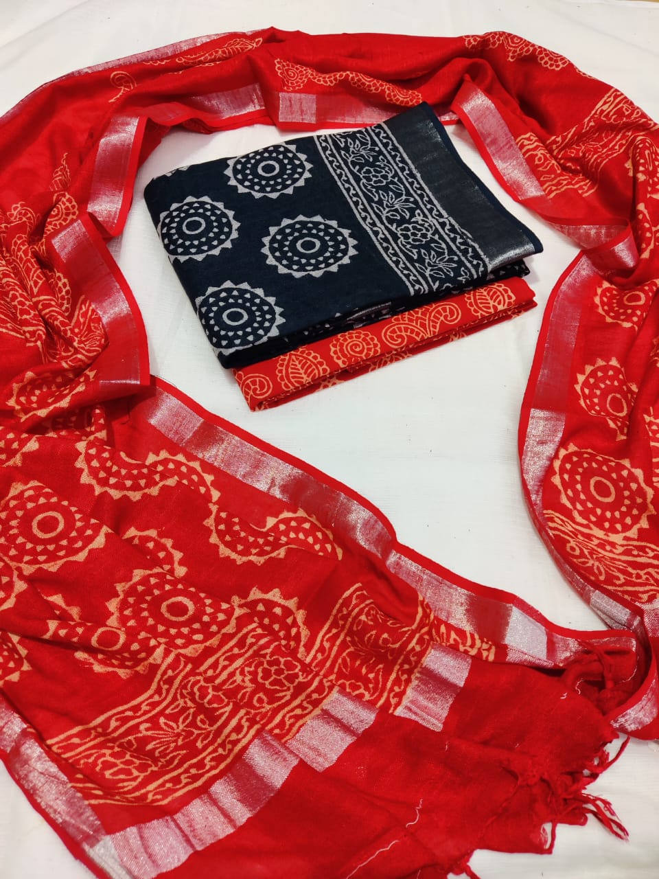 Bagru Hand Block Printed Linen Suits With Zari Border