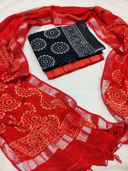 Bagru Hand Block Printed Linen Suits With Zari Border