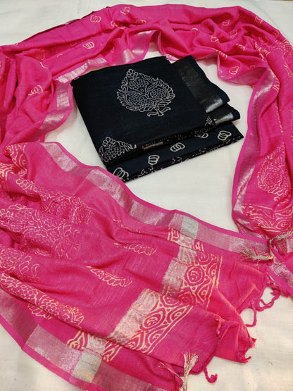 Bagru Hand Block Printed Linen Suits With Zari Border
