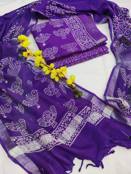 Bagru Hand Block Printed Linen Suits With Zari Border