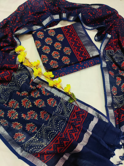 Bagru Hand Block Printed Linen Suits With Zari Border