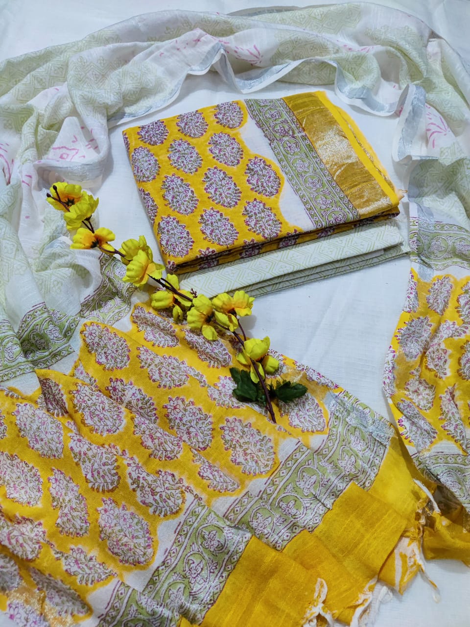 Bagru Hand Block Printed Linen Suits With Zari Border