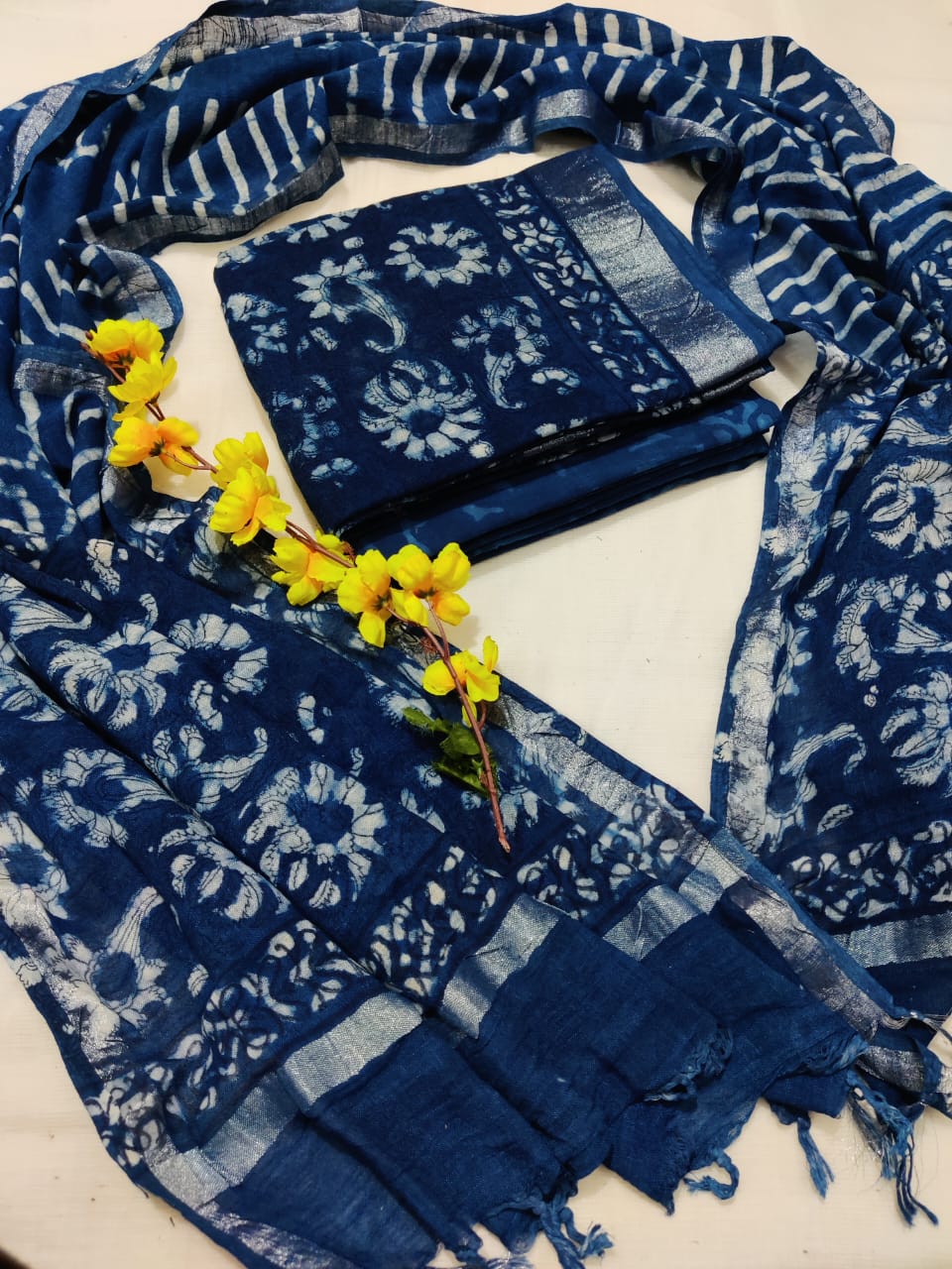 Bagru Hand Block Printed Linen Suits With Zari Border