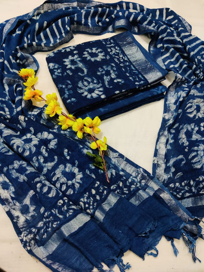 Bagru Hand Block Printed Linen Suits With Zari Border