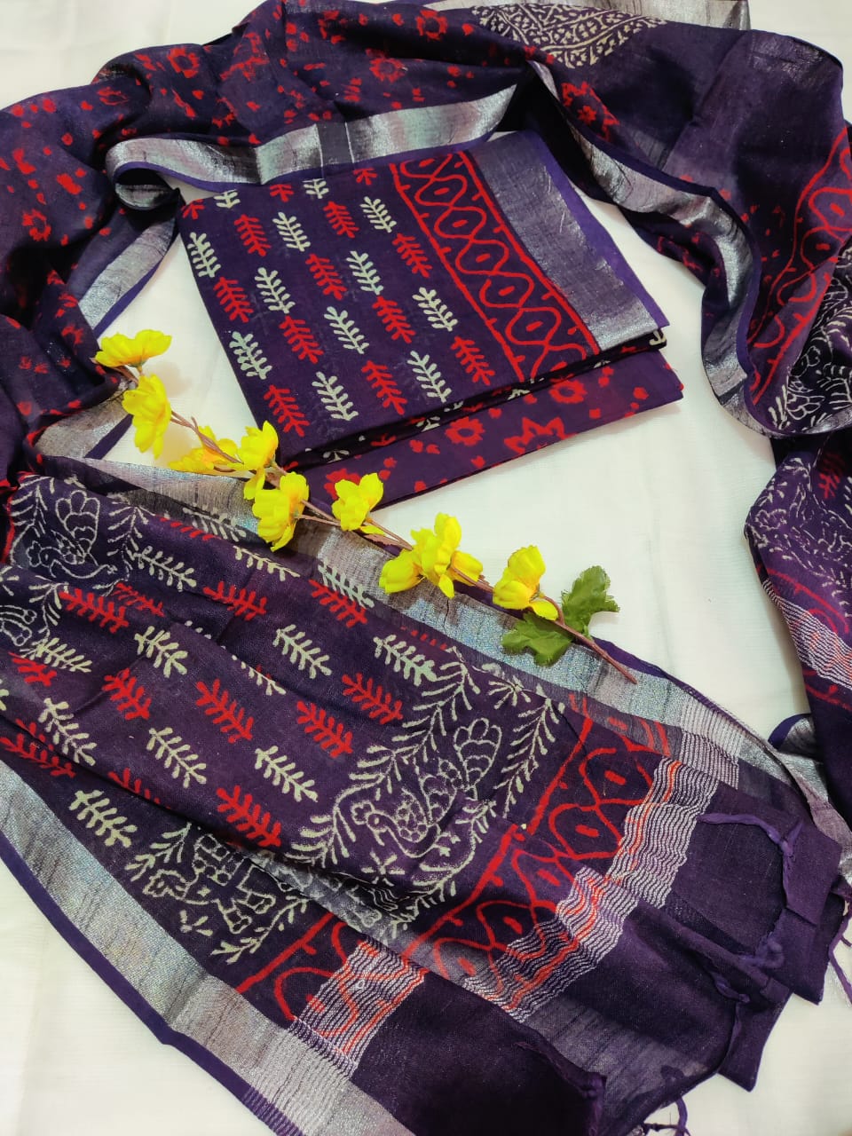 Bagru Hand Block Printed Linen Suits With Zari Border