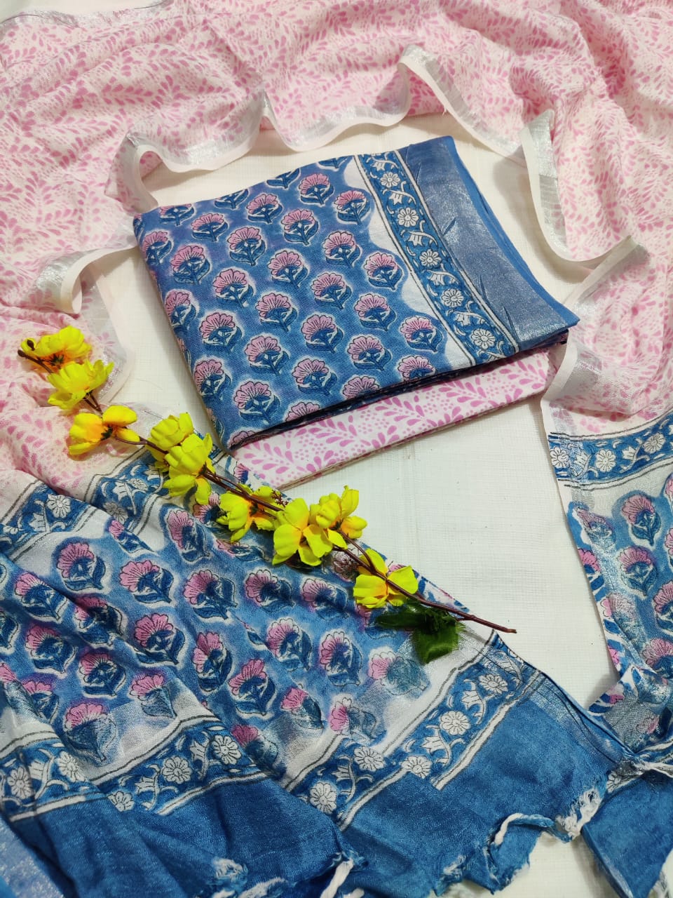 Bagru Hand Block Printed Linen Suits With Zari Border