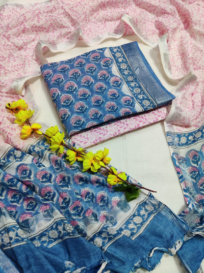 Bagru Hand Block Printed Linen Suits With Zari Border