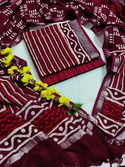 Bagru Hand Block Printed Linen Suits With Zari Border