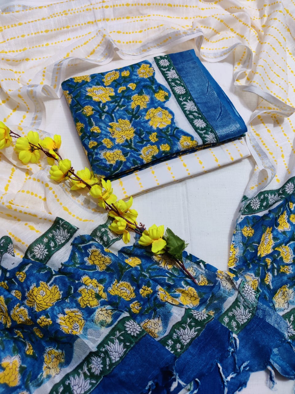 Bagru Hand Block Printed Linen Suits With Zari Border