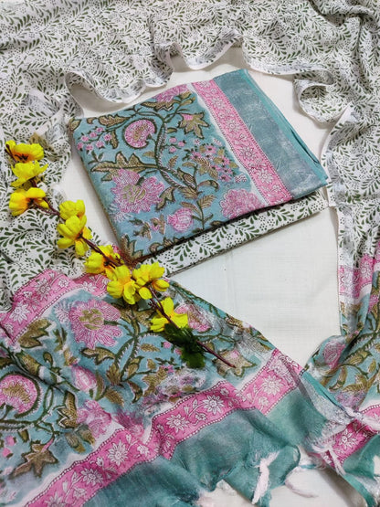 Bagru Hand Block Printed Linen Suits With Zari Border