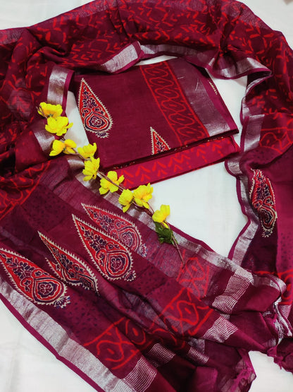 Bagru Hand Block Printed Linen Suits With Zari Border