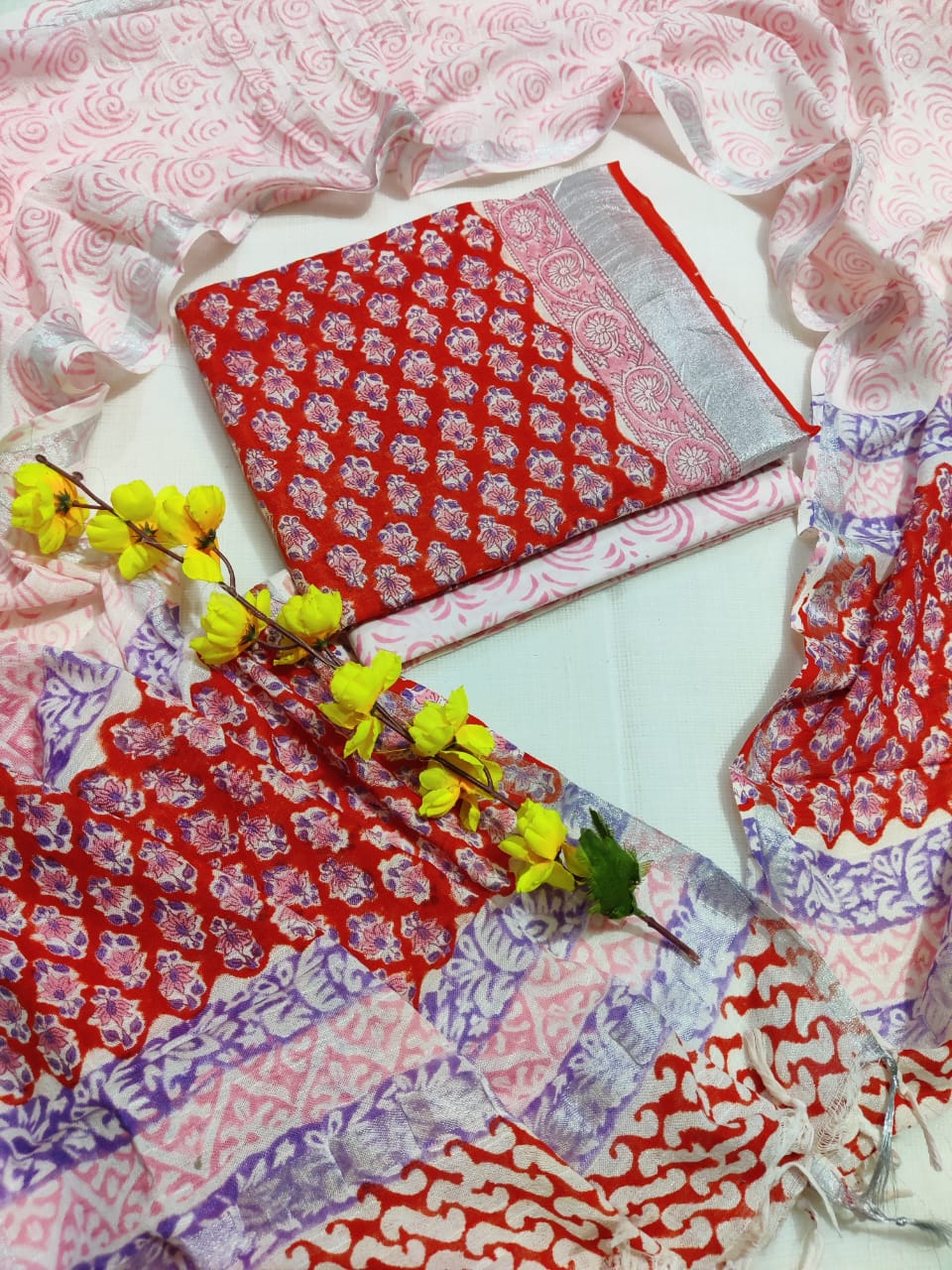 Bagru Hand Block Printed Linen Suits With Zari Border