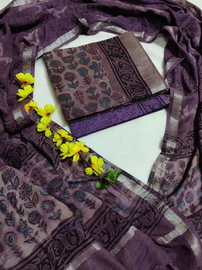 Bagru Hand Block Printed Linen Suits With Zari Border