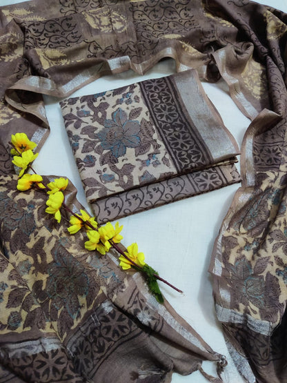 Bagru Hand Block Printed Linen Suits With Zari Border