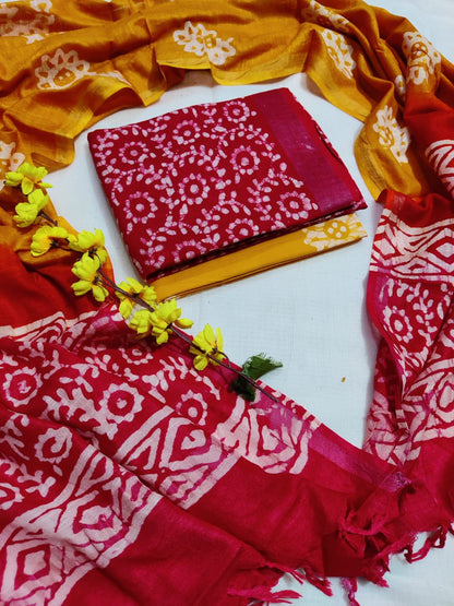 Bagru Hand Block Printed Linen Suits With Zari Border